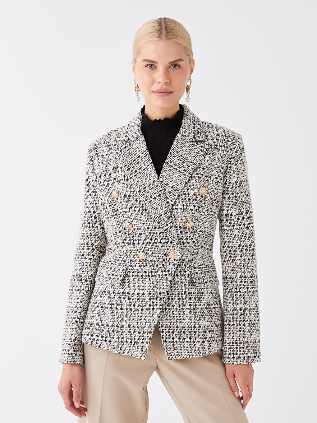Veste Blazer en Tweed à Manches Longues Écossais pour Femmes