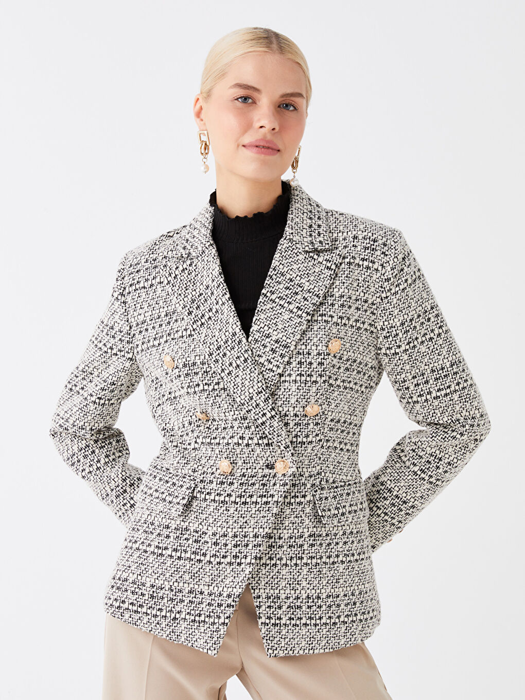 Veste Blazer en Tweed à Manches Longues Écossais pour Femmes-1