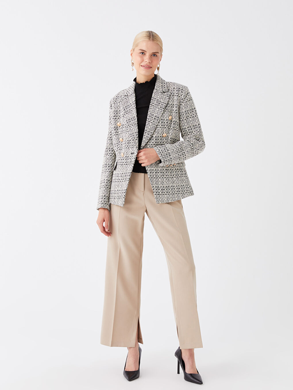 Veste Blazer en Tweed à Manches Longues Écossais pour Femmes-2