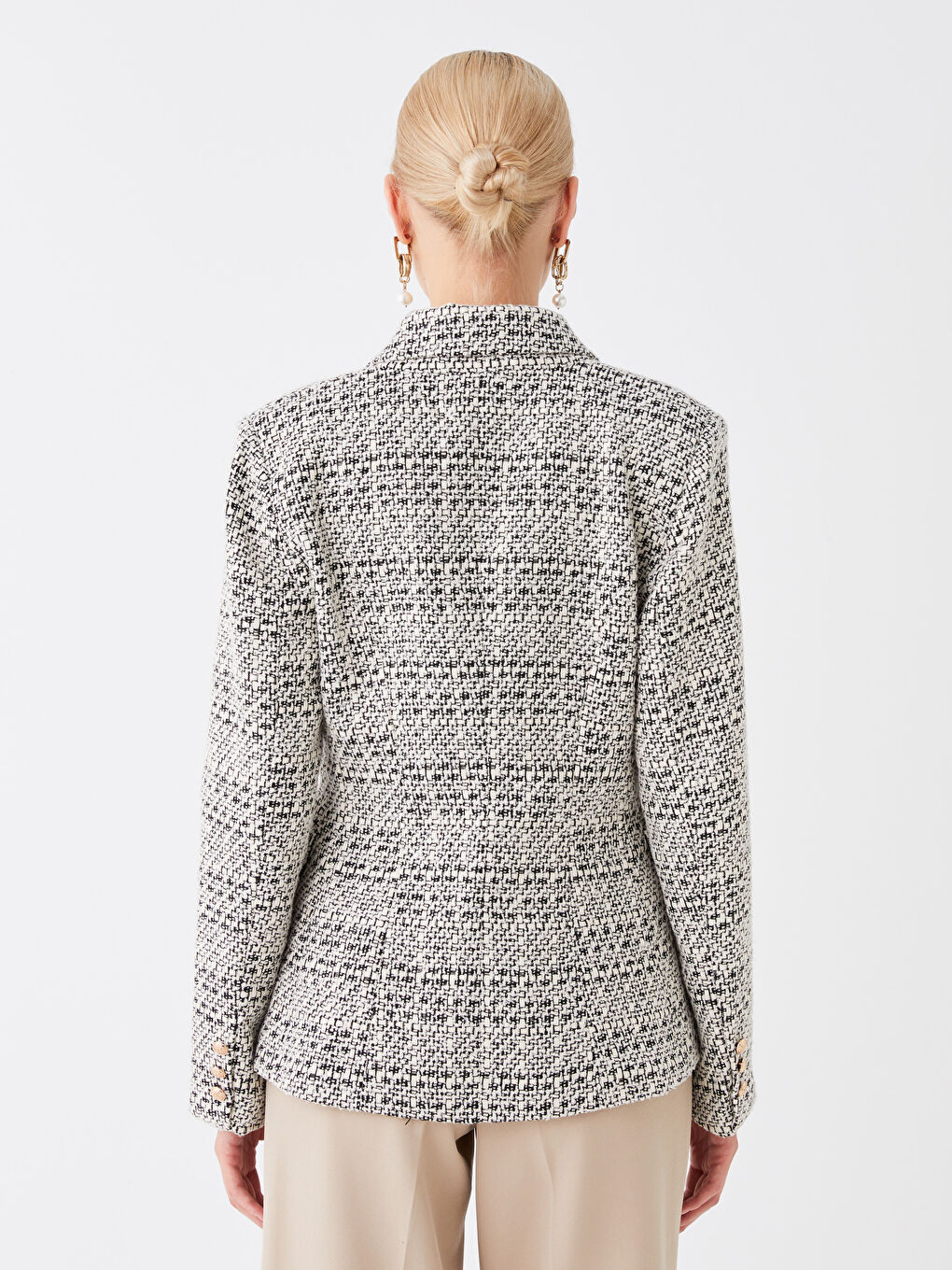 Veste Blazer en Tweed à Manches Longues Écossais pour Femmes-4