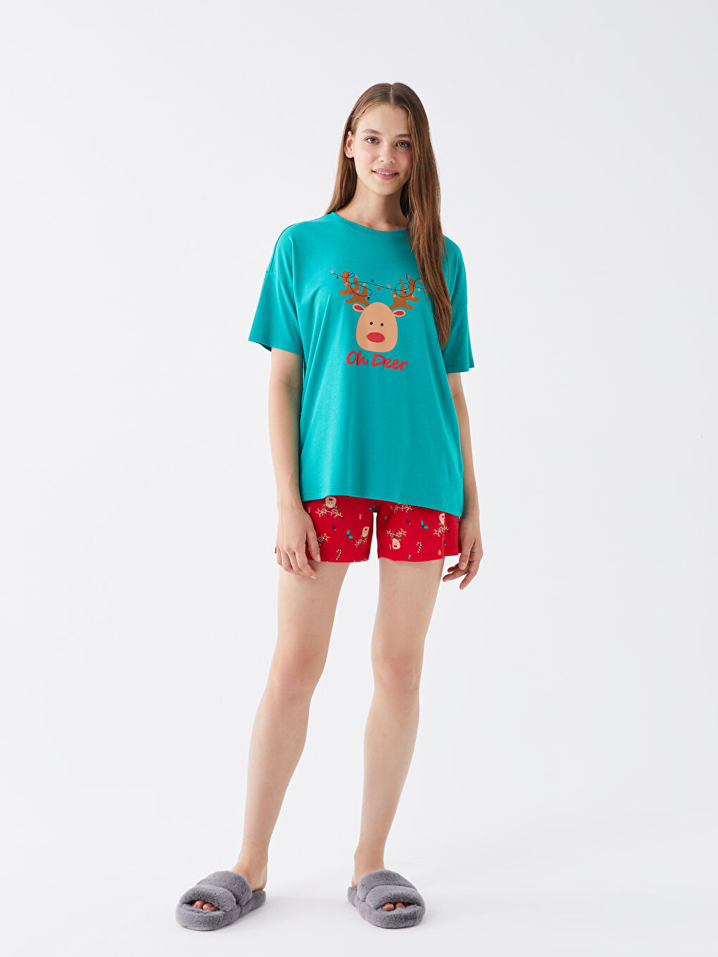 Bisiklet Yaka Yılbaşı Temalı Kısa Kollu Kadın Şortlu Pijama Takımı-1