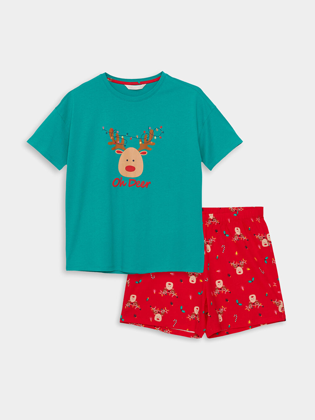 Bisiklet Yaka Yılbaşı Temalı Kısa Kollu Kadın Şortlu Pijama Takımı-4