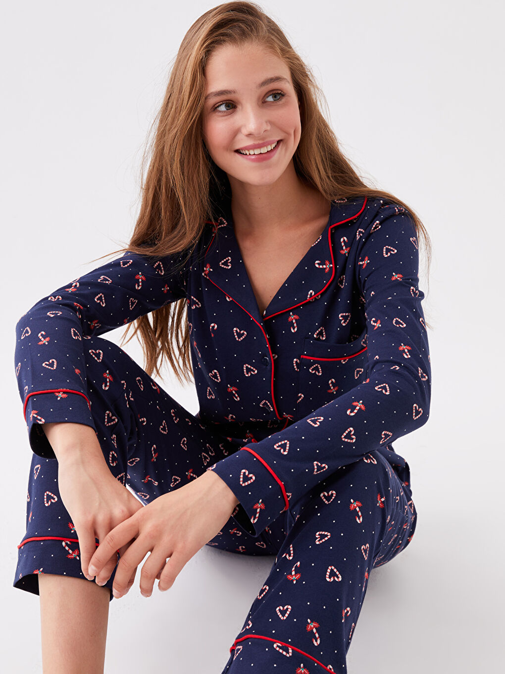 Shirt Neck New Year Themed Long Sleeve Women's Pajama Set
