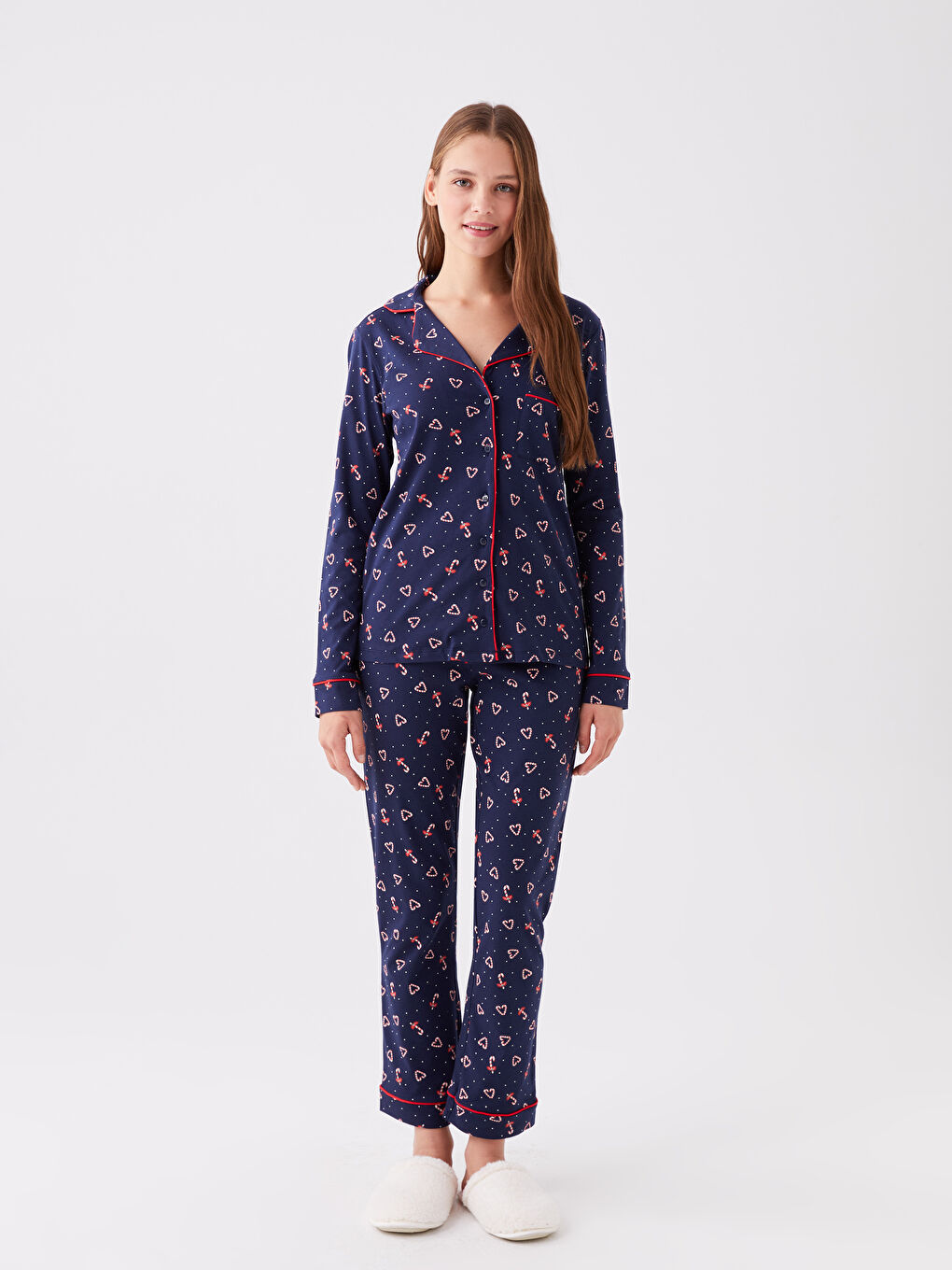 Shirt Neck New Year Themed Long Sleeve Women's Pajama Set-1
