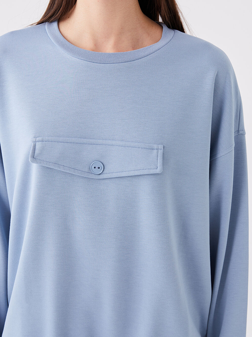 Mavi Bisiklet Yaka Düz Uzun Kollu Oversize Kadın Pijama Üst-3