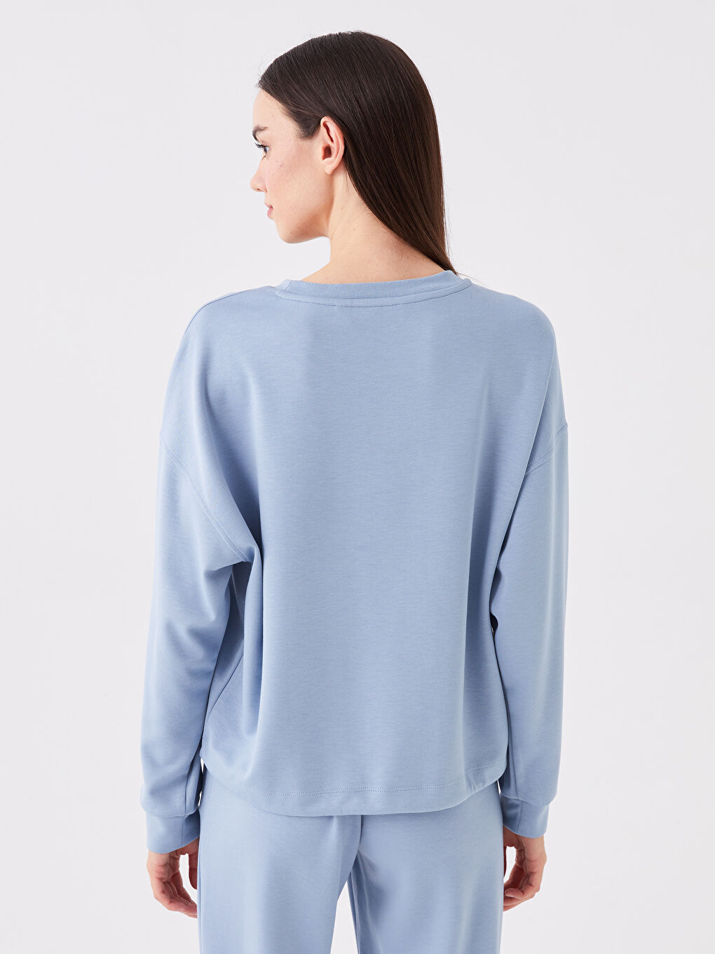 Mavi Bisiklet Yaka Düz Uzun Kollu Oversize Kadın Pijama Üst-4