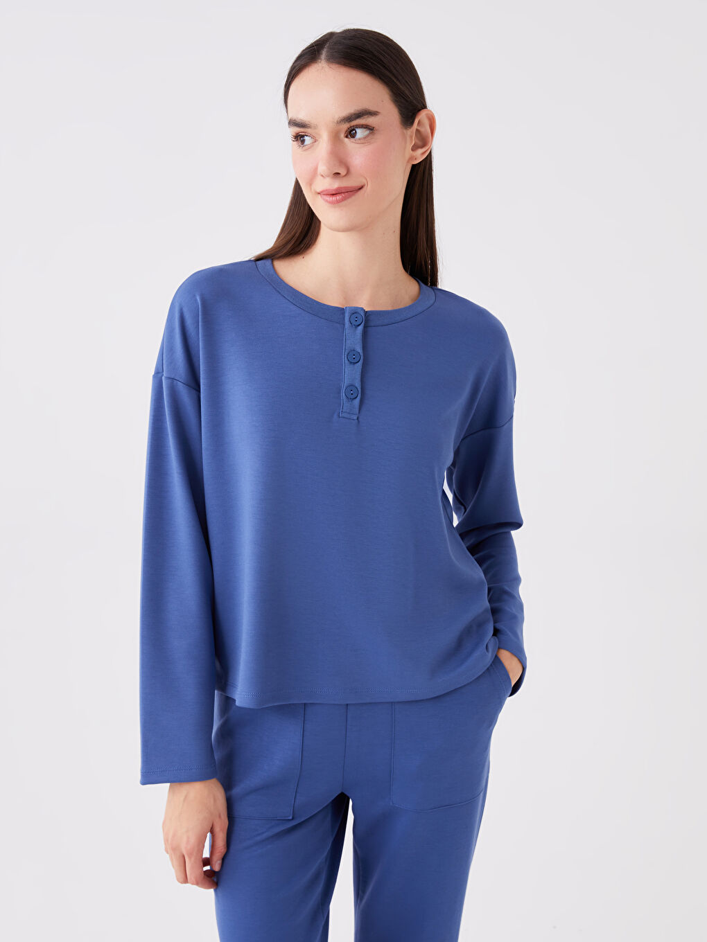LCW DREAM Crew Neck Plain Long Sleeve Women's Pyjama Top -W3BJ53Z8-HRQ