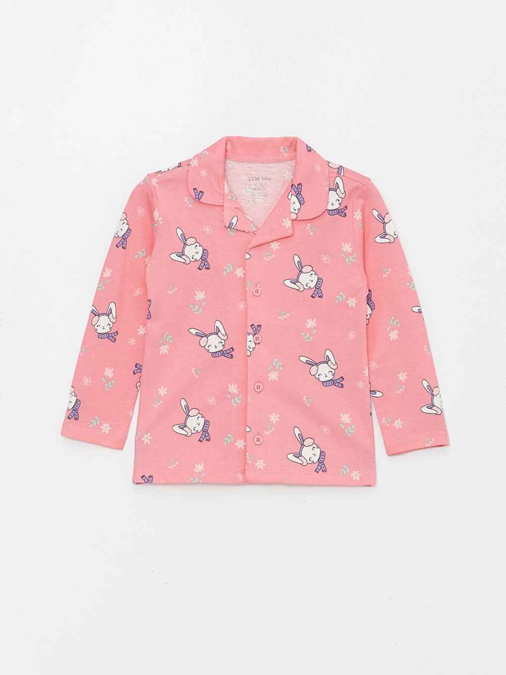Pembe Gömlek Yaka Uzun Kollu Desenli Pamuklu Kız Bebek Pijama Takımı-1
