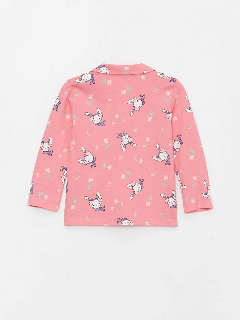 Pembe Gömlek Yaka Uzun Kollu Desenli Pamuklu Kız Bebek Pijama Takımı-2