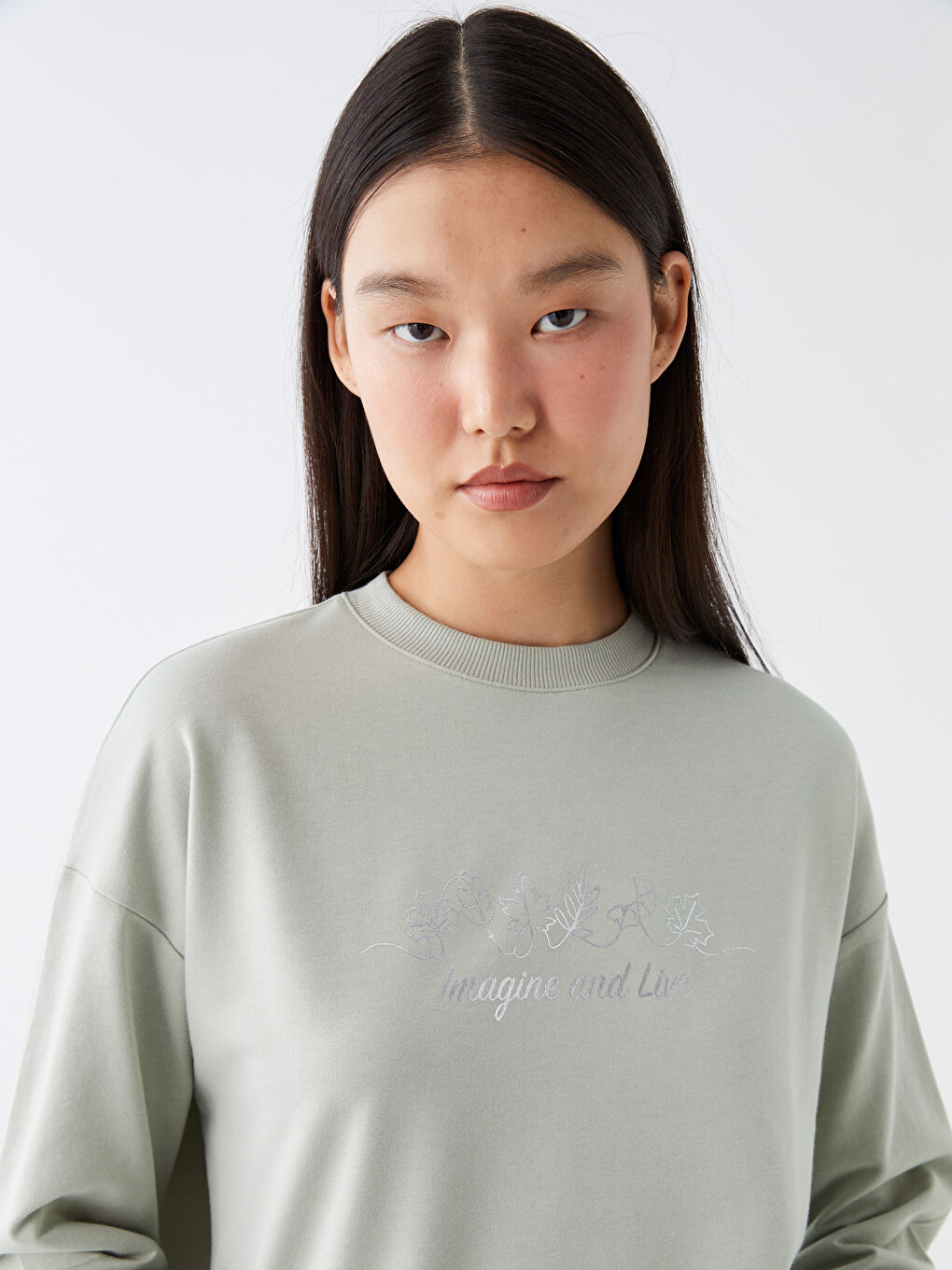 Yeşil Bisiklet Yaka Baskılı Uzun Kollu Oversize Kadın Sweatshirt Tunik-1