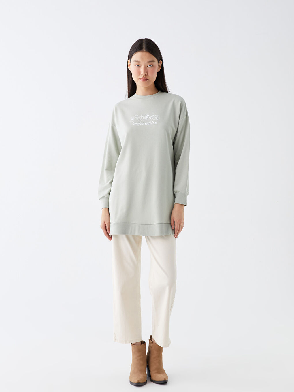 Yeşil Bisiklet Yaka Baskılı Uzun Kollu Oversize Kadın Sweatshirt Tunik-2