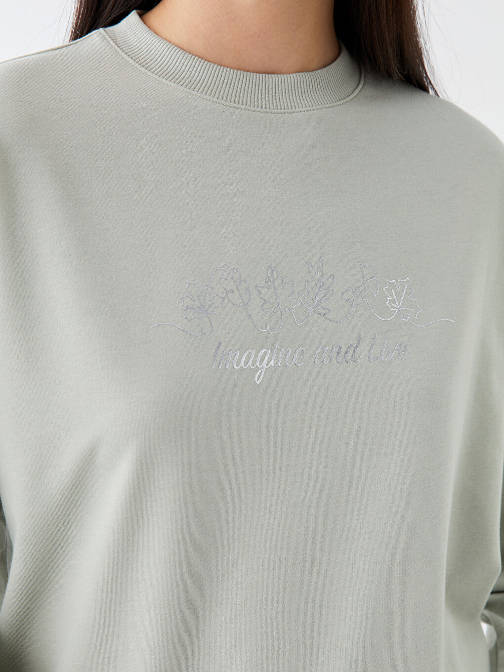 Yeşil Bisiklet Yaka Baskılı Uzun Kollu Oversize Kadın Sweatshirt Tunik-3