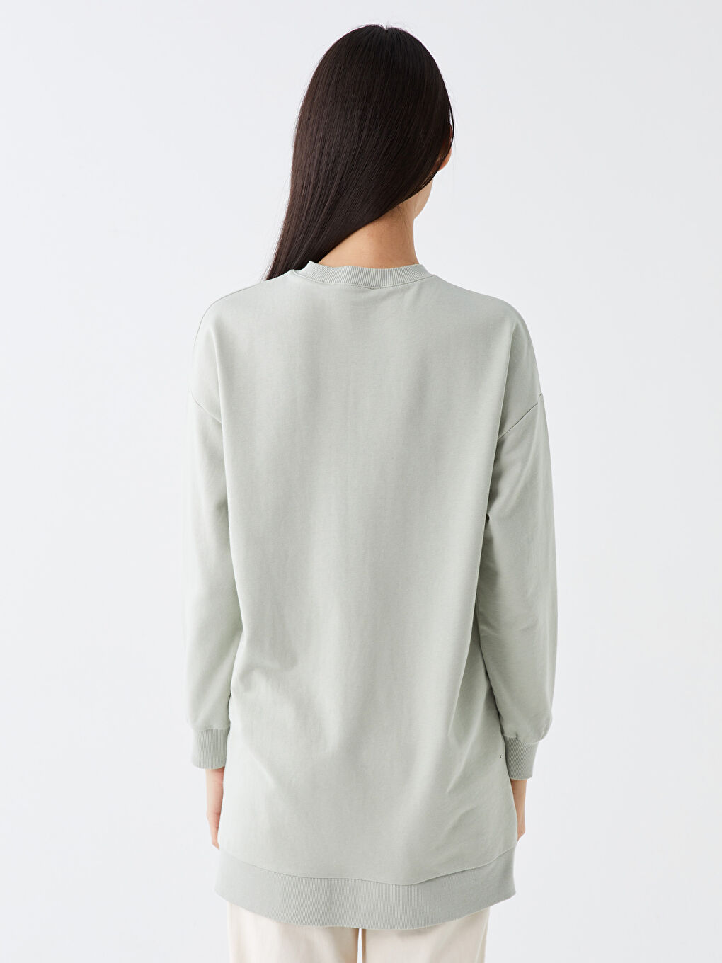 Yeşil Bisiklet Yaka Baskılı Uzun Kollu Oversize Kadın Sweatshirt Tunik-4