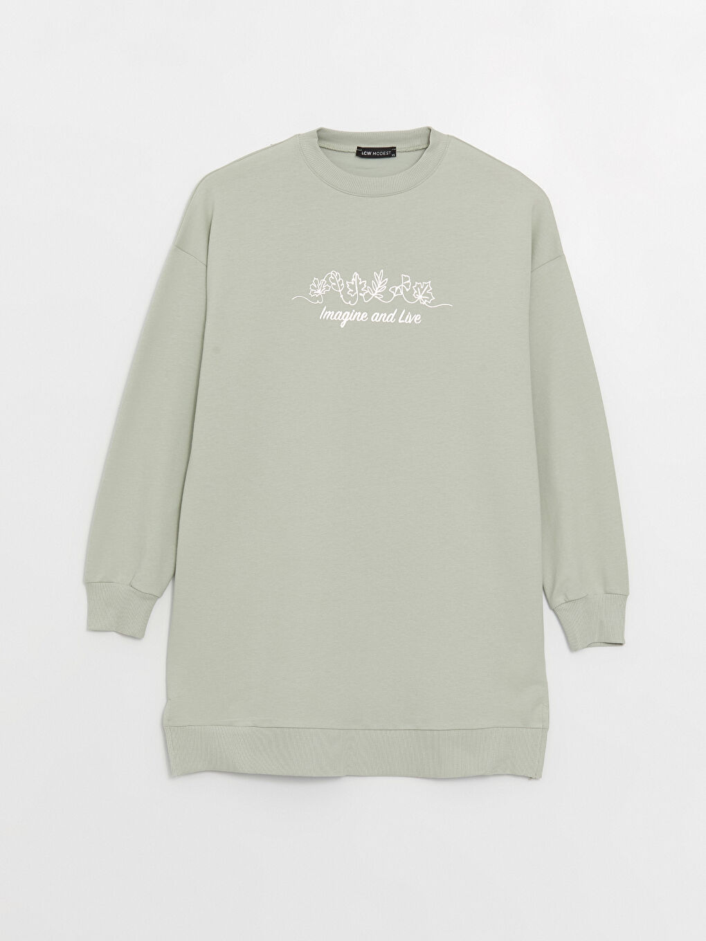 Yeşil Bisiklet Yaka Baskılı Uzun Kollu Oversize Kadın Sweatshirt Tunik-5