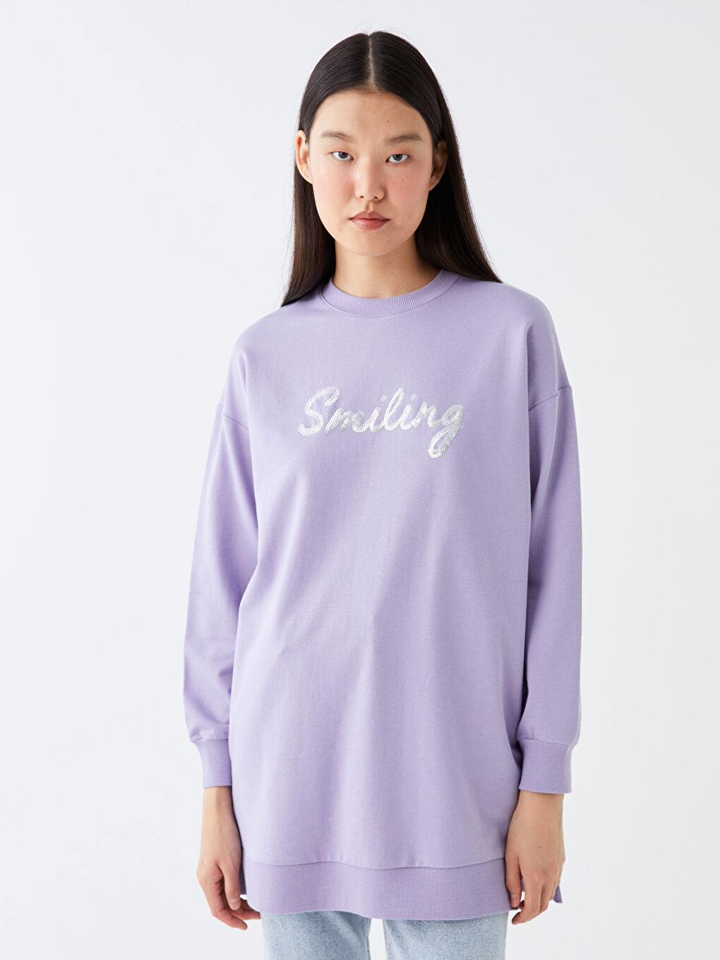 Crew Neck Printed Long Sleeve Oversize Women's Sweatshirt Tunic