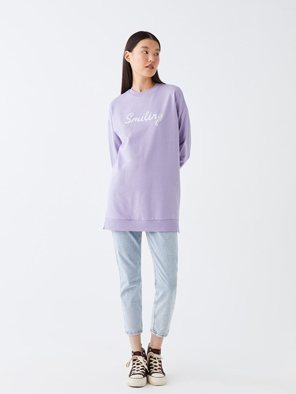 Crew Neck Printed Long Sleeve Oversize Women's Sweatshirt Tunic-2