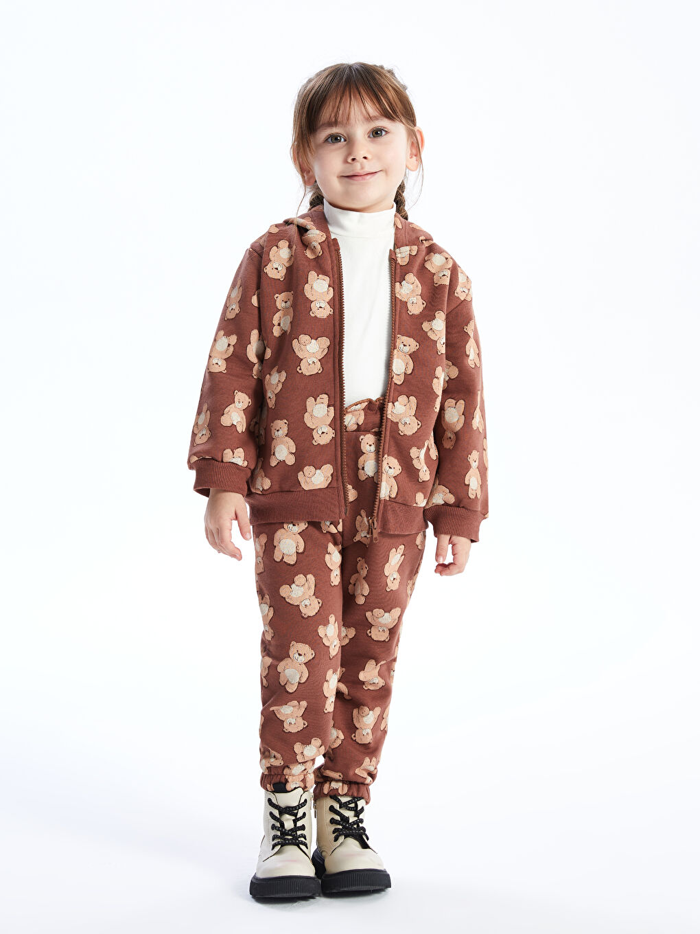 Kahverengi Kapüşonlu Uzun Kollu Baskılı Kız Bebek Fermuarlı Sweatshirt-2