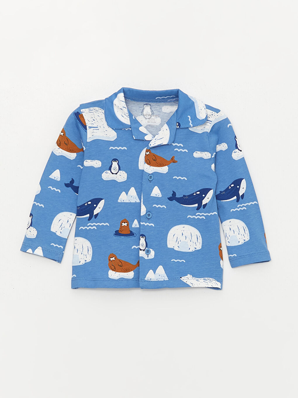 Mavi Polo Yaka Uzun Kollu Baskılı Erkek Bebek Pijama Takımı-1