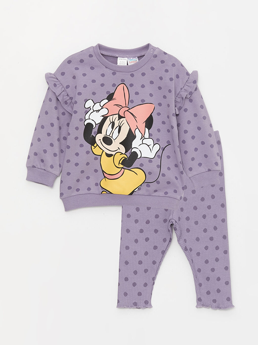 LCW baby Mor Baskılı Bisiklet Yaka Uzun Kollu Minnie Mouse Baskılı Kız Bebek Sweatshirt ve Eşofman Alt 2'li Takım