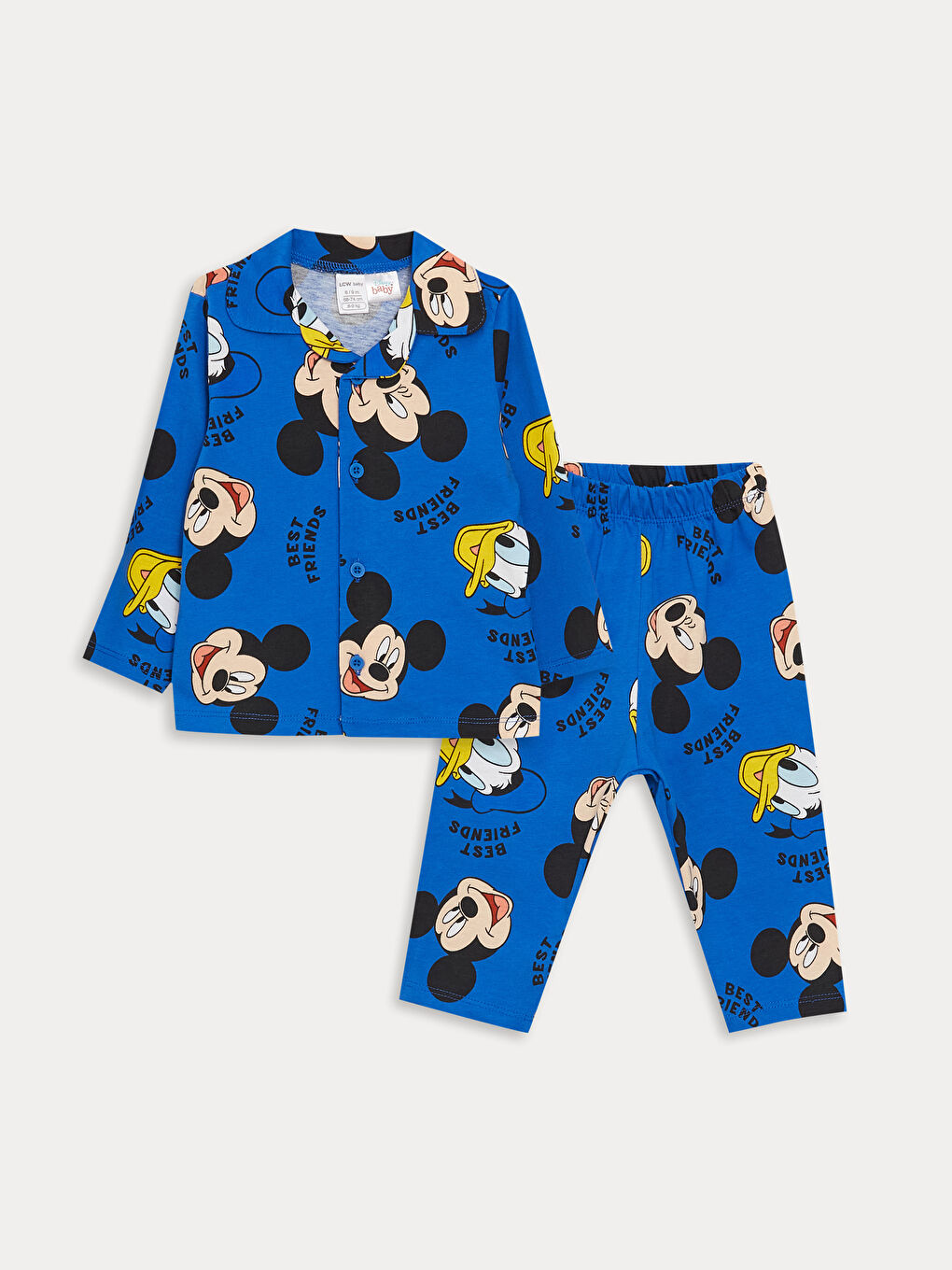 LCW baby Koyu Mavi Baskılı Gömlek Yaka Uzun Kollu Mickey Mouse Baskılı Erkek Bebek Pijama Takım