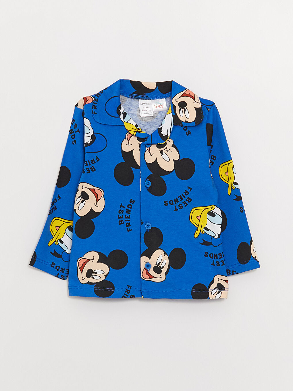 LCW baby Koyu Mavi Baskılı Gömlek Yaka Uzun Kollu Mickey Mouse Baskılı Erkek Bebek Pijama Takım - 1