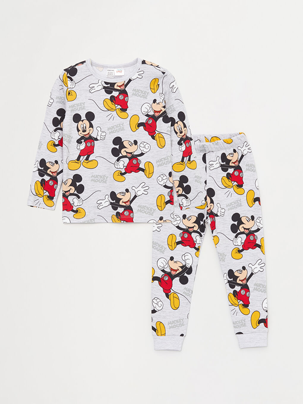 LCW baby Gri Bisiklet Yaka Uzun Kollu Mickey Mouse Baskılı Erkek Bebek Pijama Takım