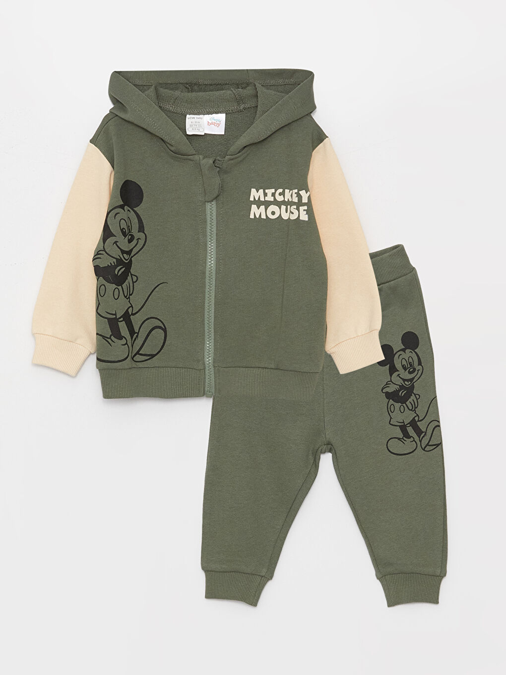 LCW baby Yeşil Kapüşonlu Uzun Kollu Mickey Mouse Baskılı Erkek Bebek Sweatshirt ve Eşofman Alt 2'li