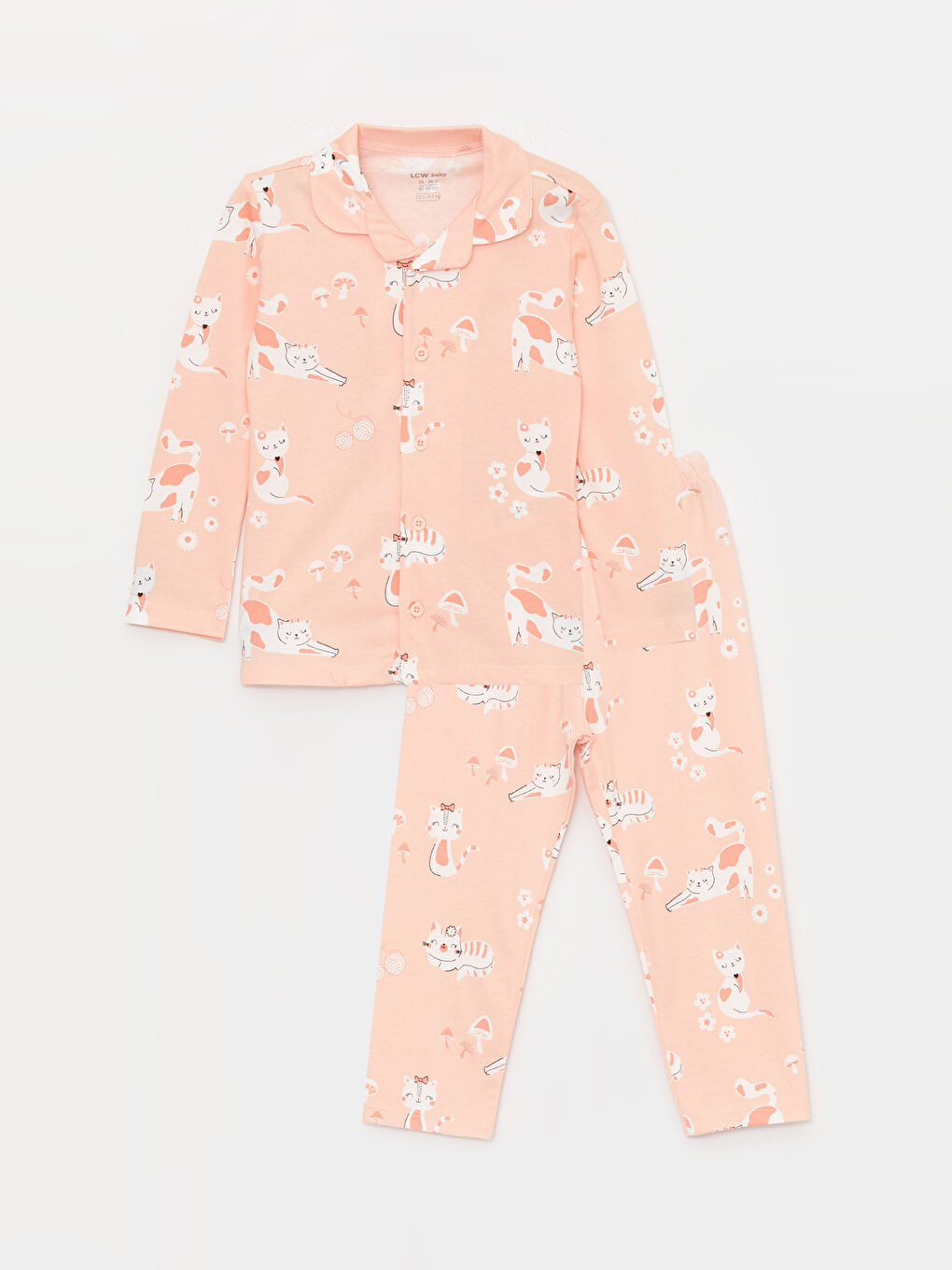 LCW baby Açık Pembe Baskılı Gömlek Yaka Uzun Kollu Baskılı Kız Bebek Pijama Takımı