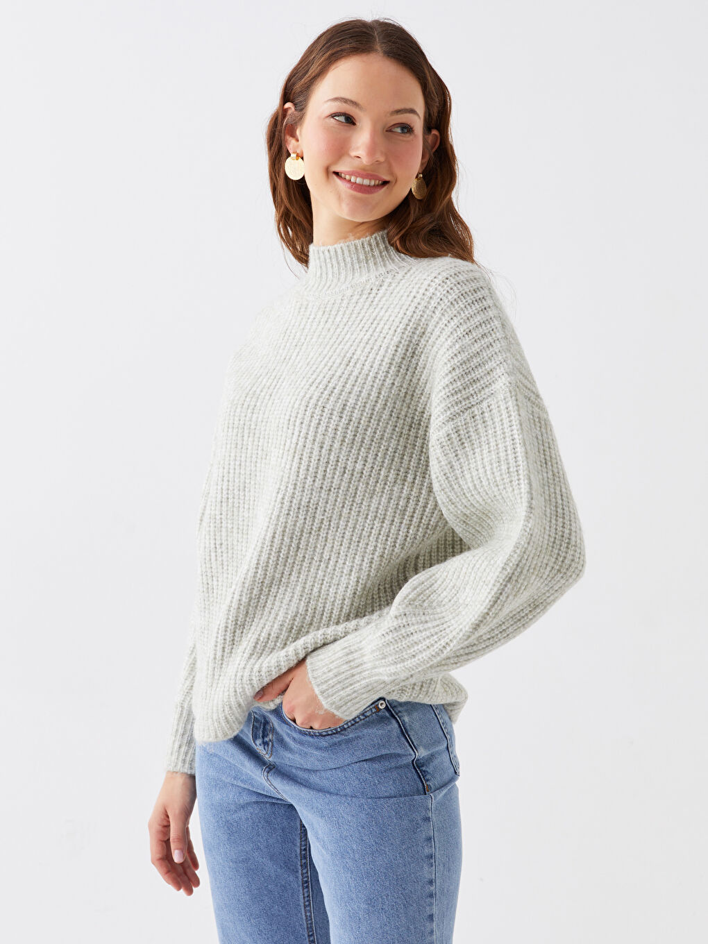 LCWAIKIKI Basic Halber Rollkragen Selbstgemustert Langarm Damen Strickpullover -W3BK90Z8-FSV