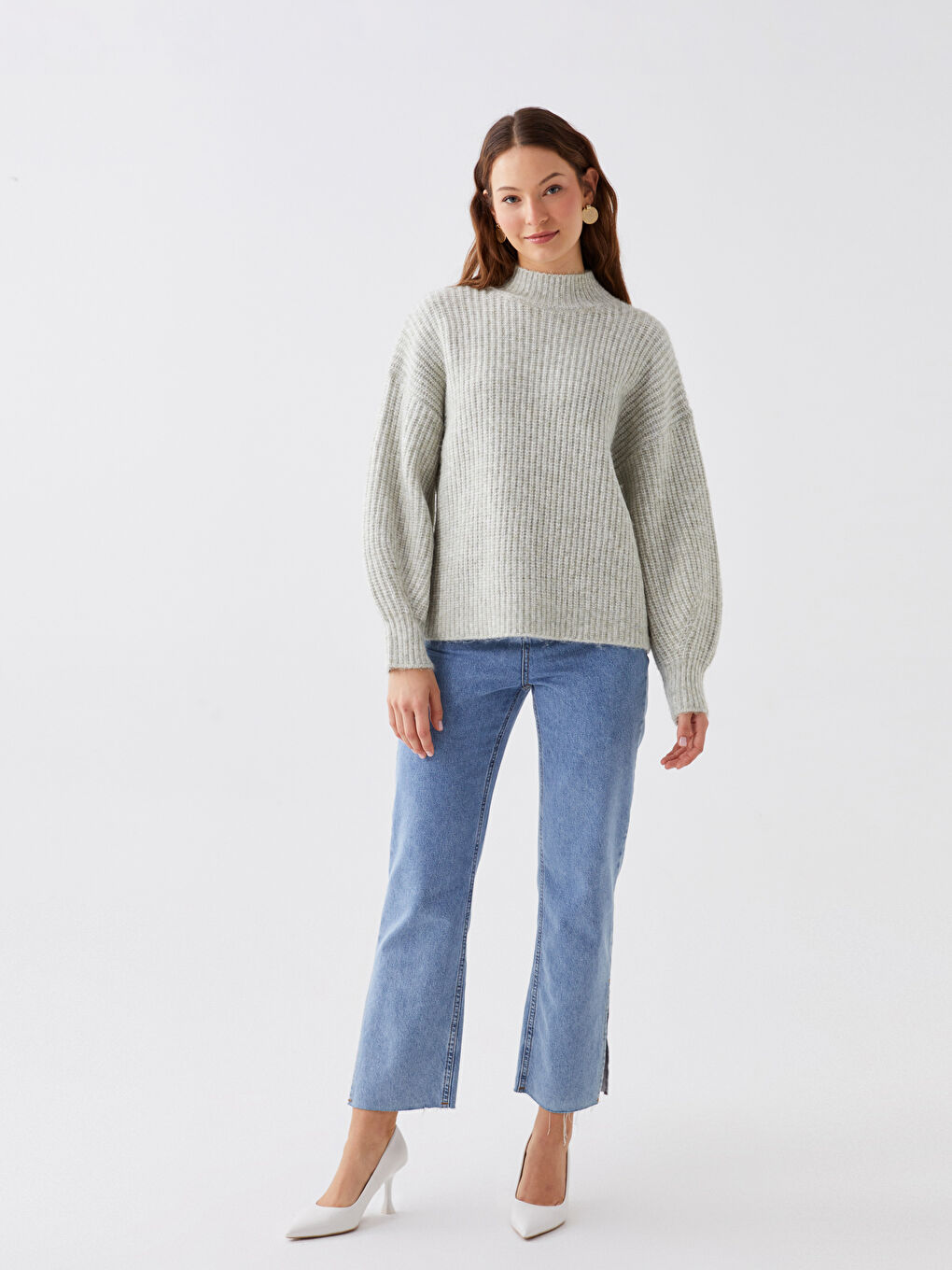 LCWAIKIKI Basic Halber Rollkragen Selbstgemustert Langarm Damen Strickpullover -W3BK90Z8-FSV