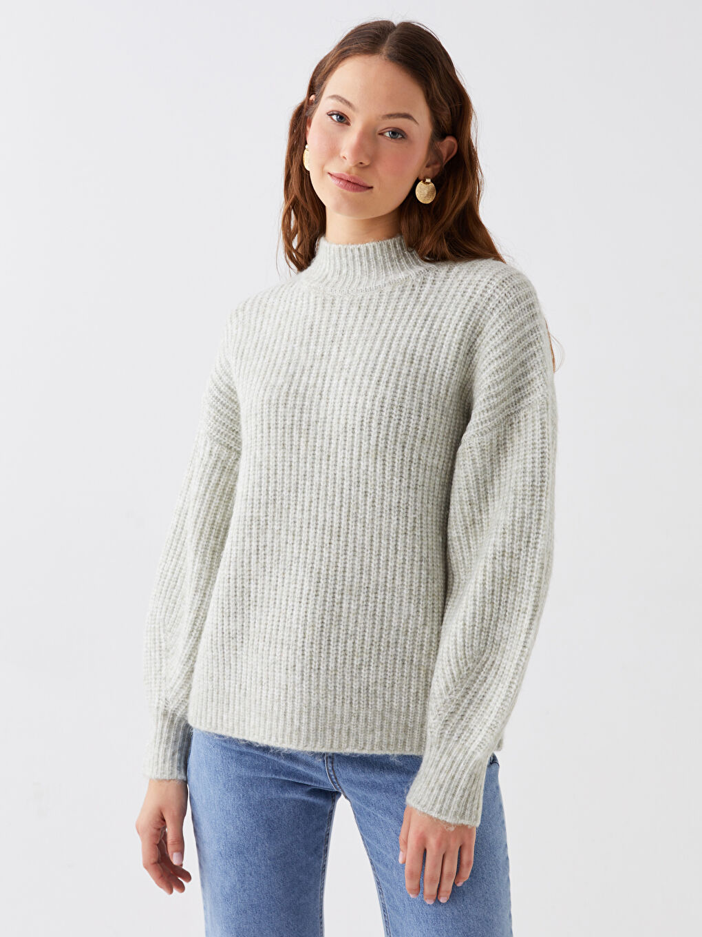 LCWAIKIKI Basic Halber Rollkragen Selbstgemustert Langarm Damen Strickpullover -W3BK90Z8-FSV