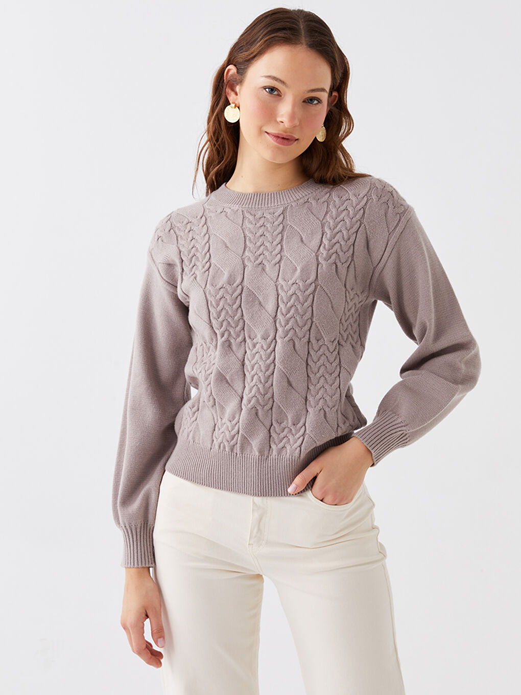 LCWAIKIKI Basic Crew Neck Self Patterned Long Sleeve Women's Knitwear Sweater -W3BK99Z8-GUH