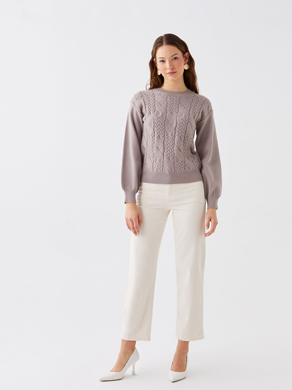 LCWAIKIKI Basic Crew Neck Self Patterned Long Sleeve Women's Knitwear Sweater -W3BK99Z8-GUH