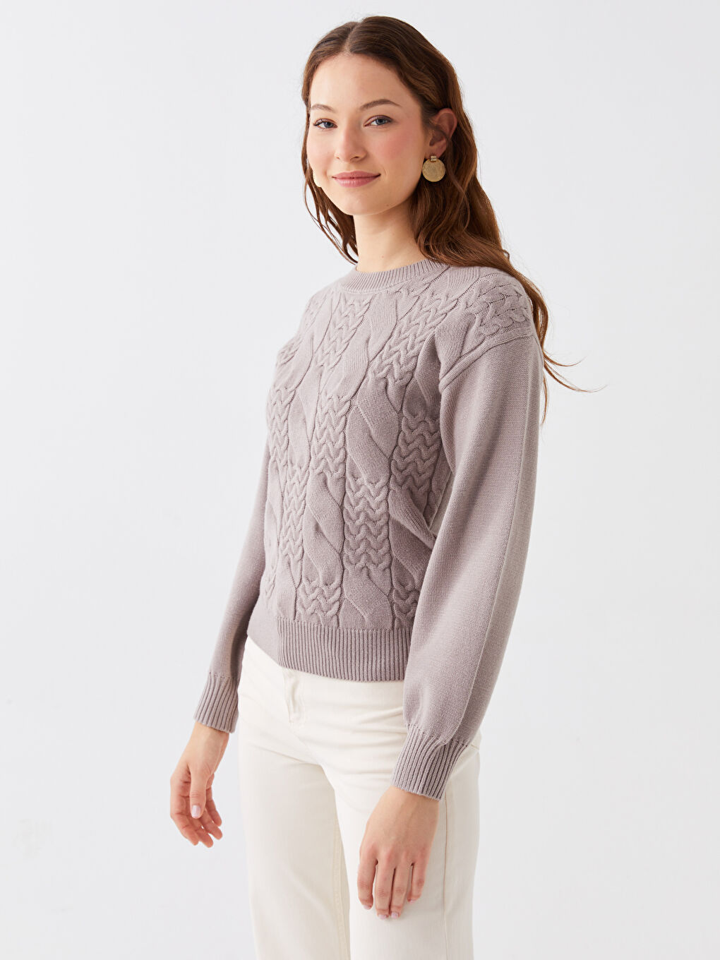 LCWAIKIKI Basic Crew Neck Self Patterned Long Sleeve Women's Knitwear Sweater -W3BK99Z8-GUH