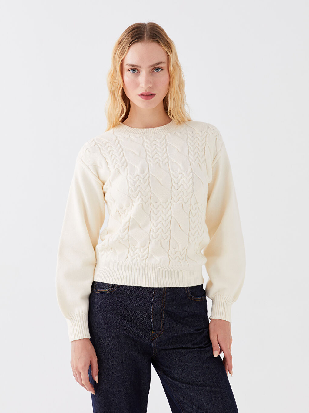LCWAIKIKI Basic Rundhalsausschnitt Selbstgemustert Langarm Damen Strickpullover -W3BK99Z8-R9J