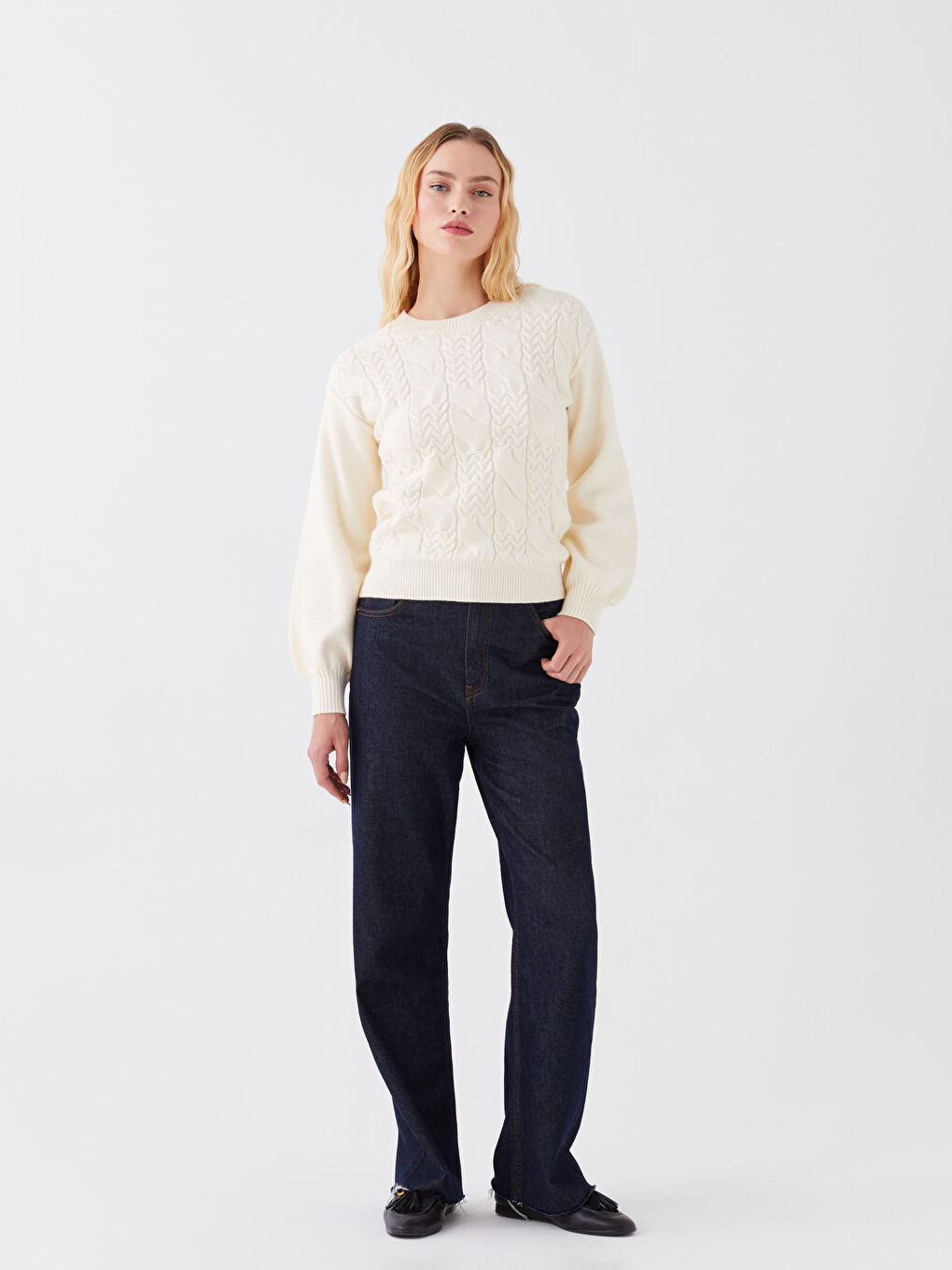 LCWAIKIKI Basic Rundhalsausschnitt Selbstgemustert Langarm Damen Strickpullover -W3BK99Z8-R9J