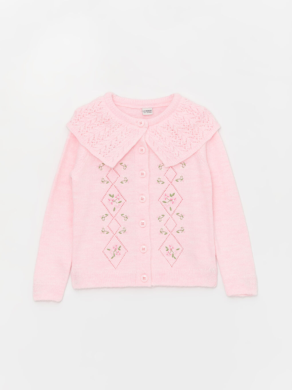 Pembe Bebe Yaka Nakışlı Uzun Kollu Kız Çocuk Triko Hırka