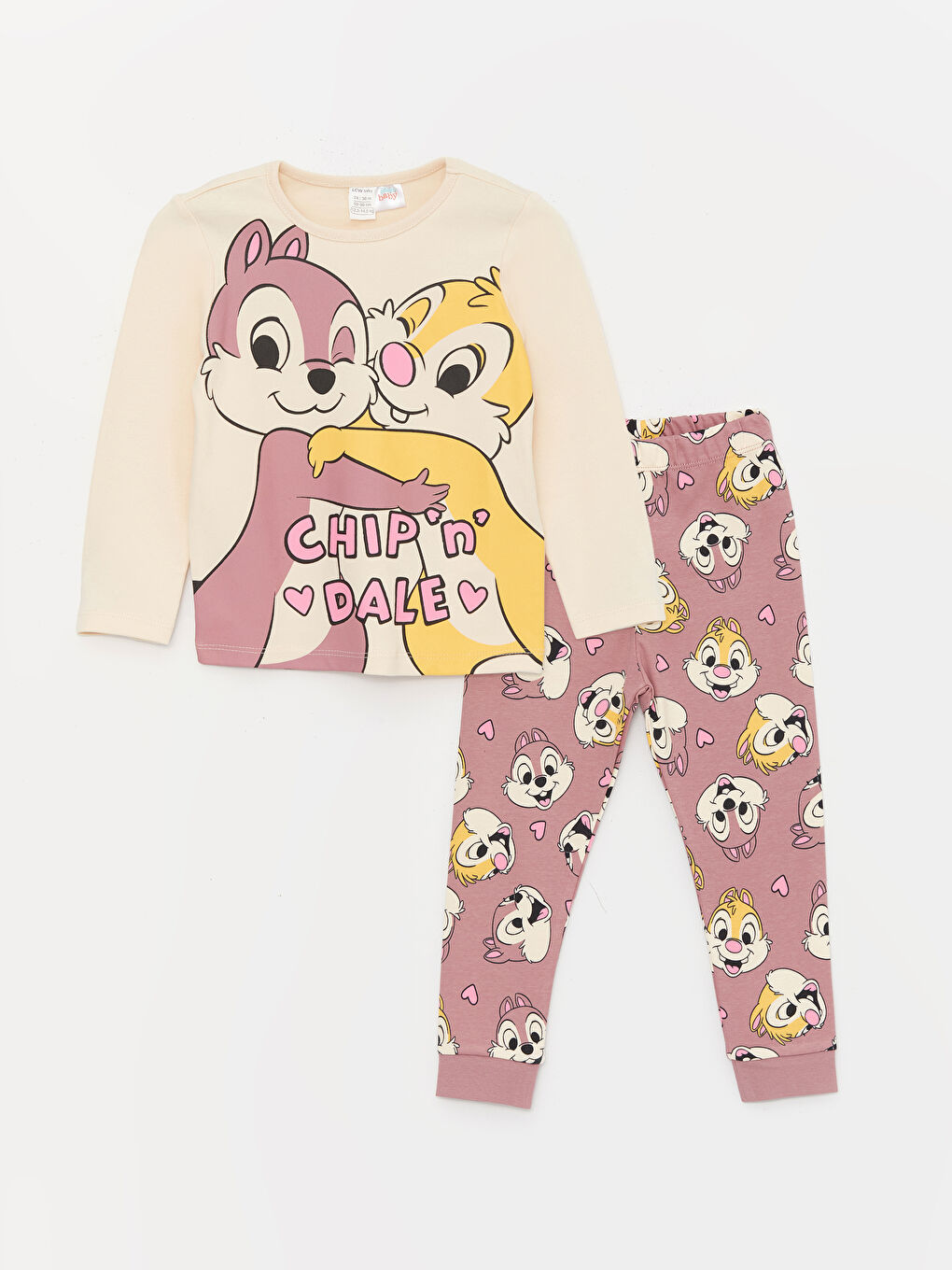 LCW baby Ekru Bisiklet Yaka Chip'n Dale Baskılı Uzun Kollu Kız Bebek Pijama Takımı