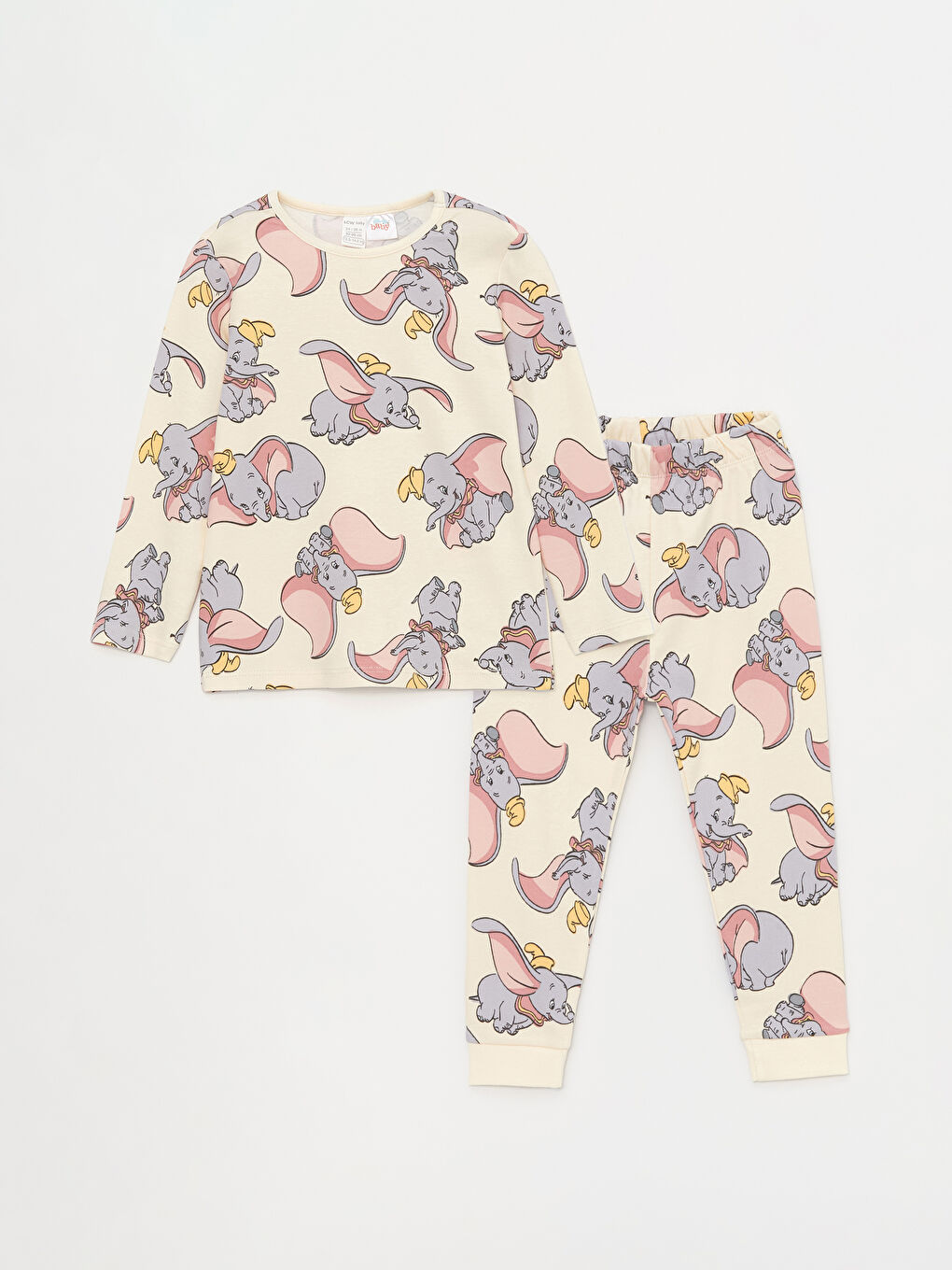 LCW baby Ekru Bisiklet Yaka Desenli Uzun Kollu Kız Bebek Pijama Takımı