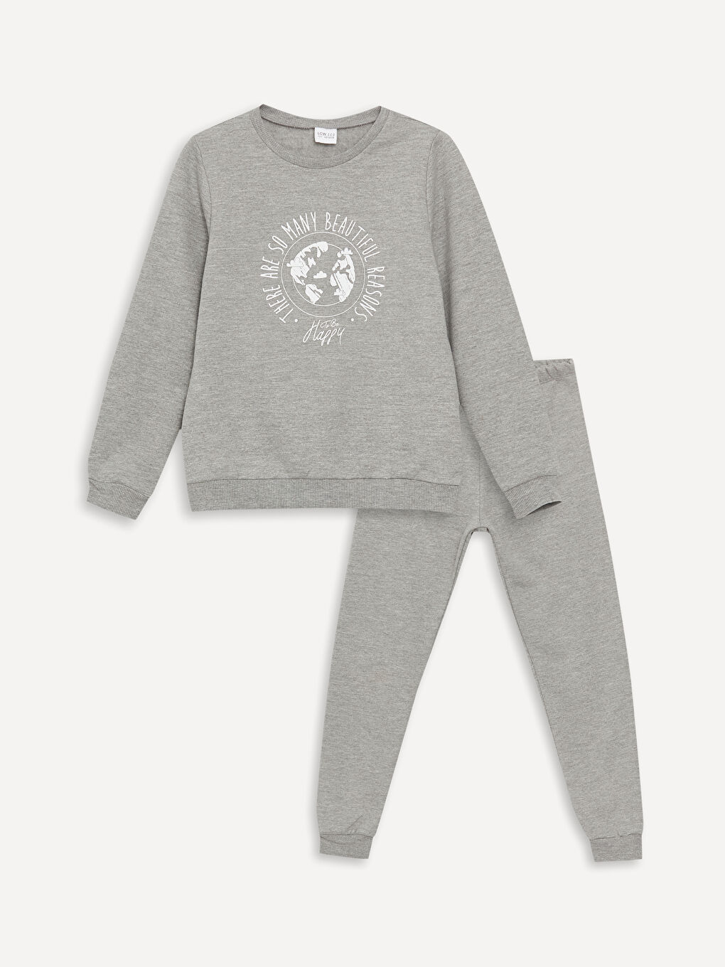 Gri Bisiklet Yaka Baskılı Uzun Kollu Kız Çocuk Pijama Takımı