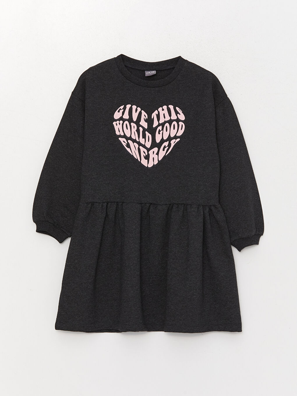 Antrasit Bisiklet Yaka Baskılı Uzun Kollu Kız Çocuk Elbise