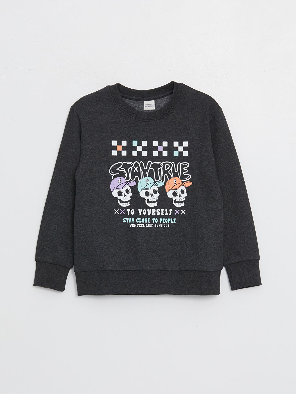 LCW Kids Antrasit Melanj Bisiklet Yaka Baskılı Uzun Kollu Erkek Çocuk Sweatshirt