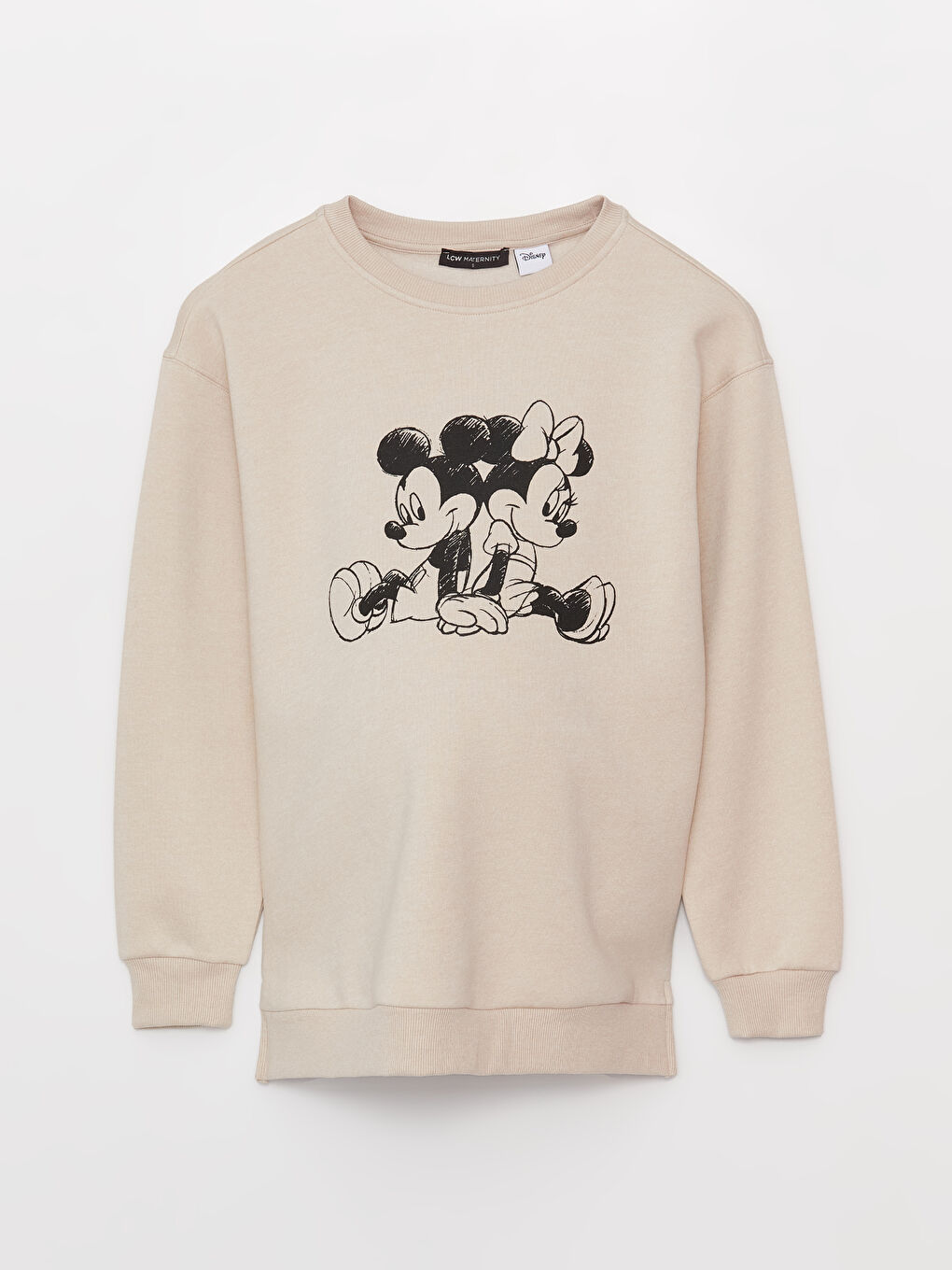 LCWAIKIKI Maternity Açık Bej Bisiklet Yaka Mickey Mouse Baskılı Uzun Kollu Hamile Sweatshirt