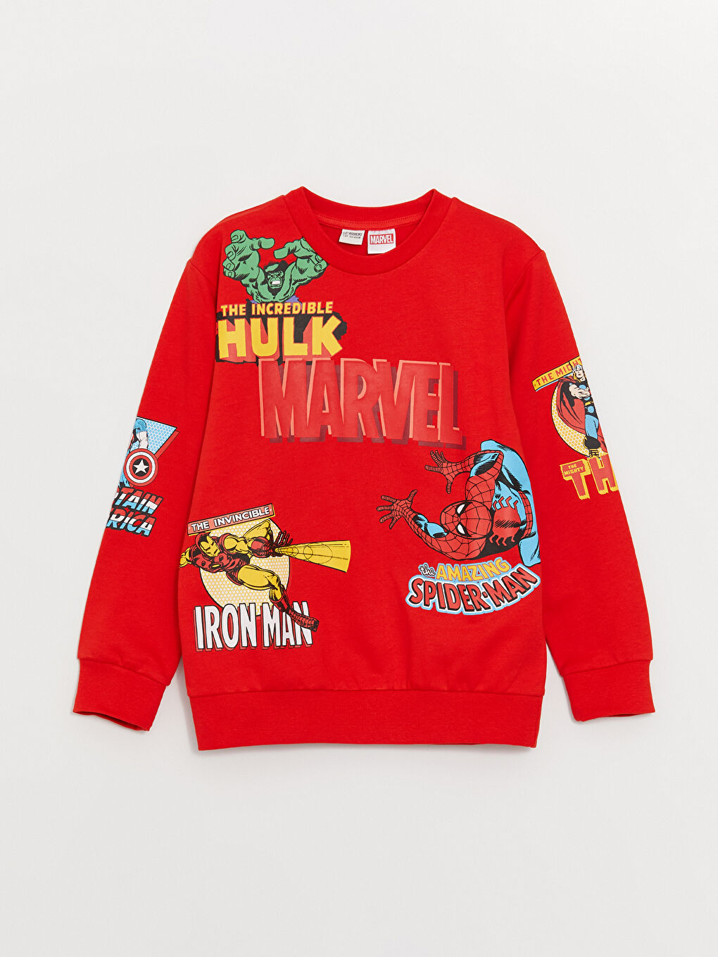 LCW Kids Kırmızı Bisiklet Yaka Marvel Baskılı Uzun Kollu Erkek Çocuk Sweatshirt