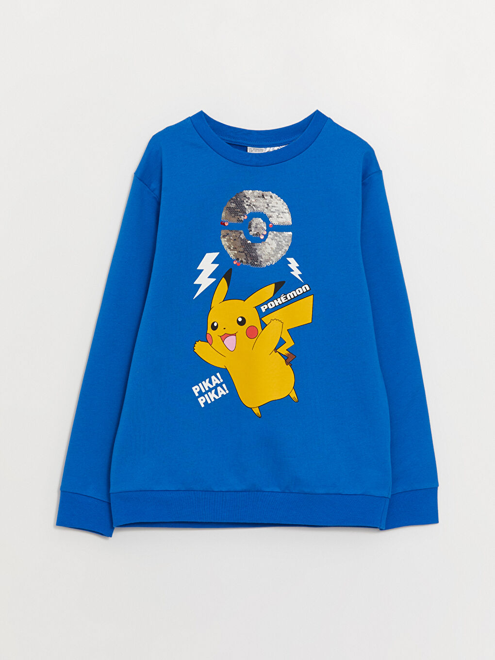 LCW Kids Orta Mavi Bisiklet Yaka Pikachu Baskılı Çift Yönlü Payetli Uzun Kollu Erkek Çocuk Sweatshirt - 1