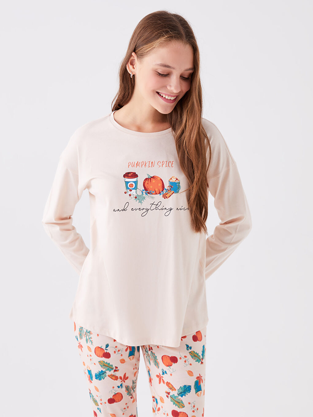 Set de pijama cu guler rotund, imprimat, mânecă lungă, pentru femei