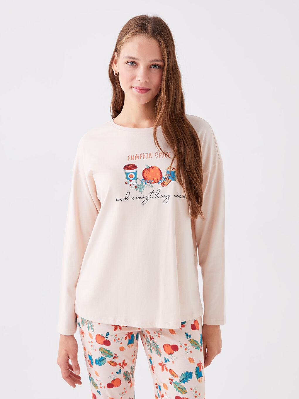 Set de pijama cu guler rotund, imprimat, mânecă lungă, pentru femei-1