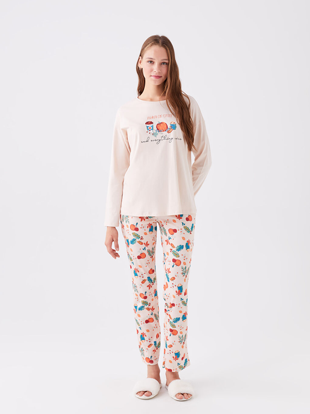 Set de pijama cu guler rotund, imprimat, mânecă lungă, pentru femei-2