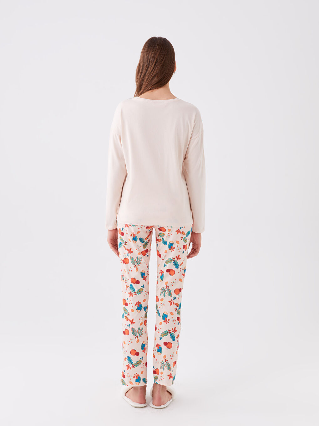 Set de pijama cu guler rotund, imprimat, mânecă lungă, pentru femei-4