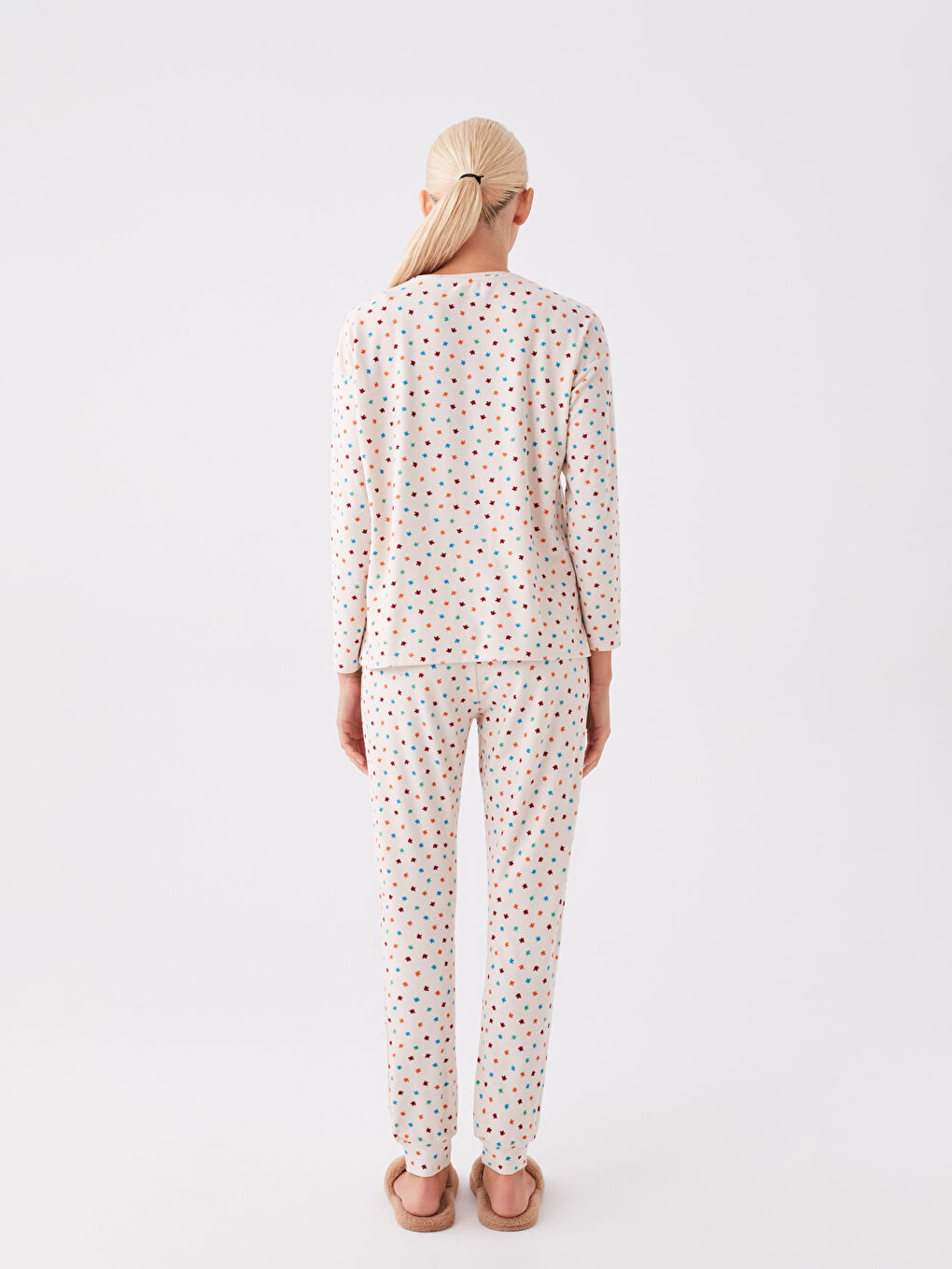 Женский пижамный комплект с круглым вырезом и длинным рукавом с принтом-4